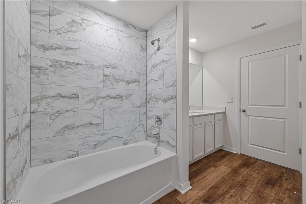 Bathroom, Interior, Marble Walls, Recessed Lighting, Wood Texture Flooring