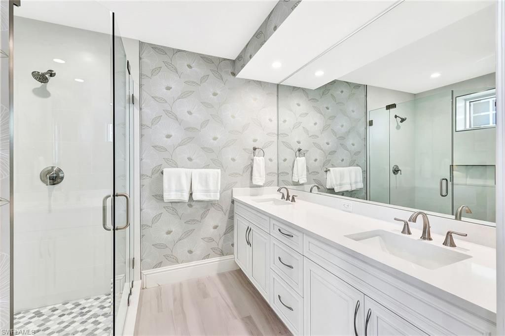 Bathroom, Dual Sink Vanities, Glass Shower, Interior, Recessed Lighting, Wooden Beams, Wood Texture Flooring