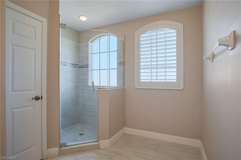 Bathroom, Glass Shower, Interior, Recessed Lighting, Wood Texture Flooring