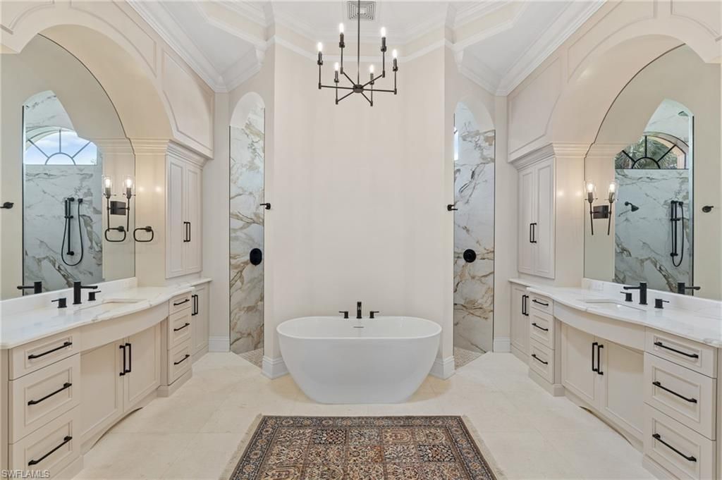 Bathroom, Dual Sink Vanities, Free Standing Baths, Interior, Marble Walls, Pendant Lights
