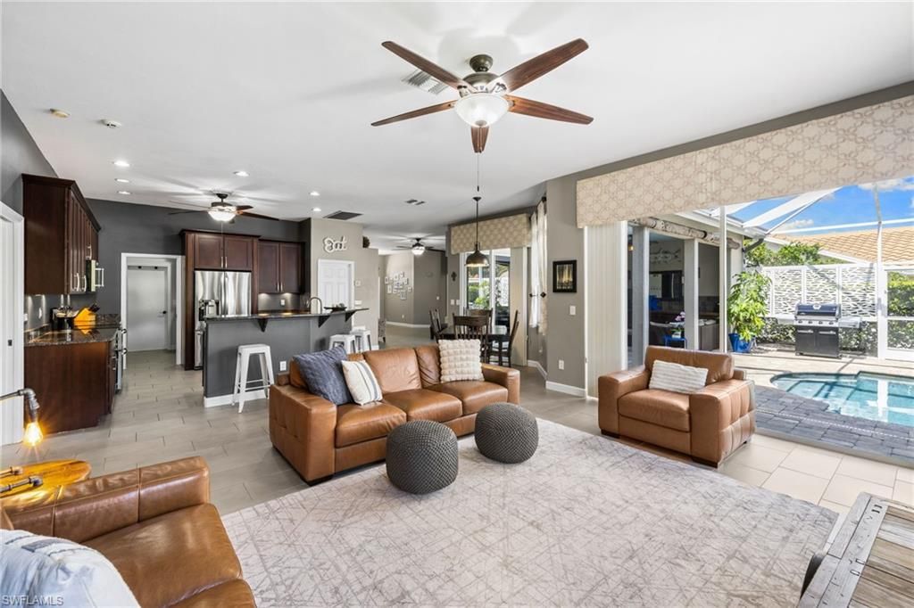 Dining room, Interior, Kitchen, Living room, Pendant Lights, Pool, Recessed Lighting, Stainless Steel Appliances
