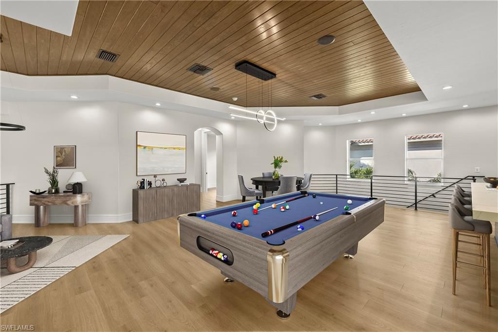 Billiard Table, Game Room, Interior, Pendant Lights, Recessed Lighting, Wooden Ceilings, Wood Texture Flooring