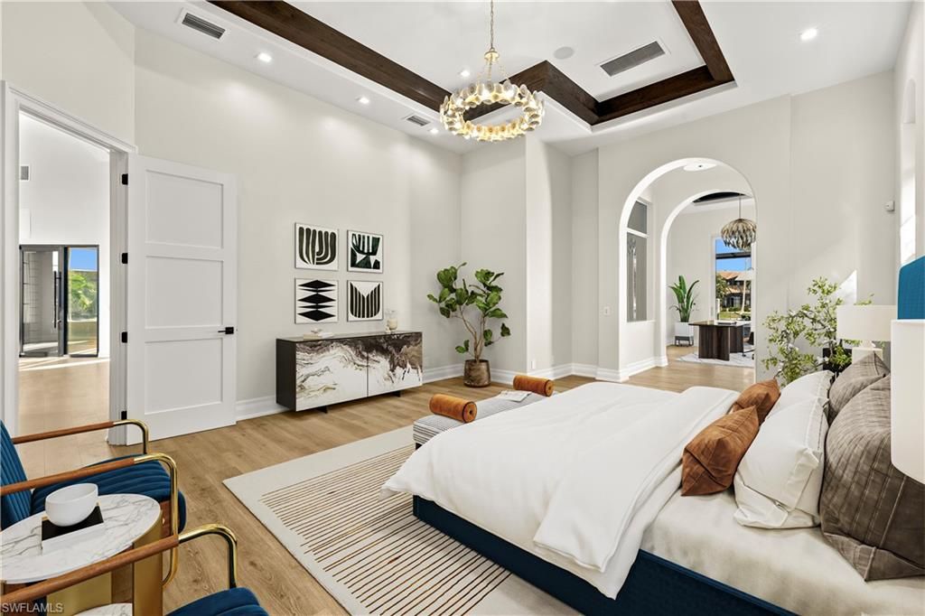 Bedroom, Chandelier, Interior, Pendant Lights, Recessed Lighting, Wood Texture Flooring