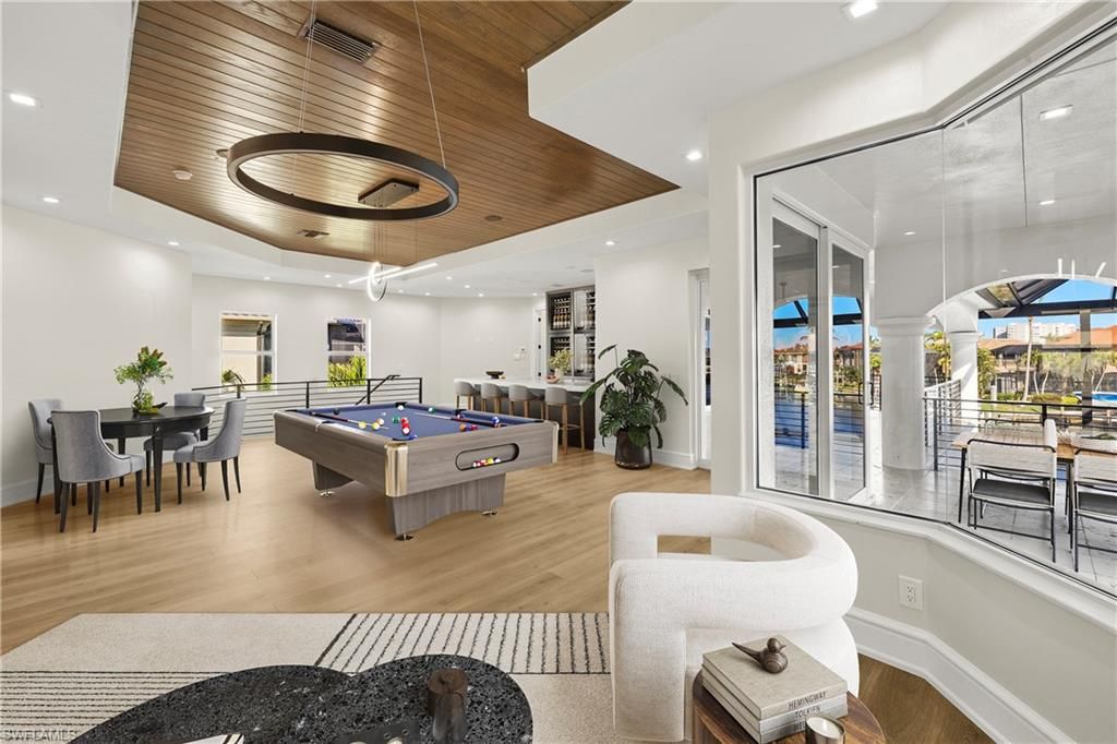 Billiard Table, Dining room, Game Room, Interior, Pendant Lights, Recessed Lighting, Wooden Ceilings, Wood Texture Flooring