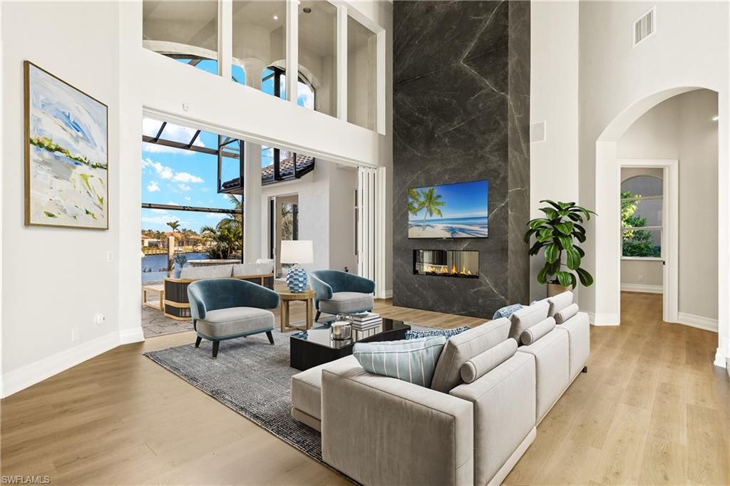 Fireplace, Interior, Living room, Marble Walls, Wood Texture Flooring
