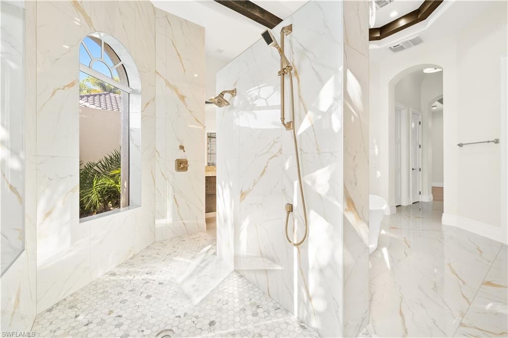 Bathroom, Glass Shower, Interior, Marble, Marble Walls, Recessed Lighting
