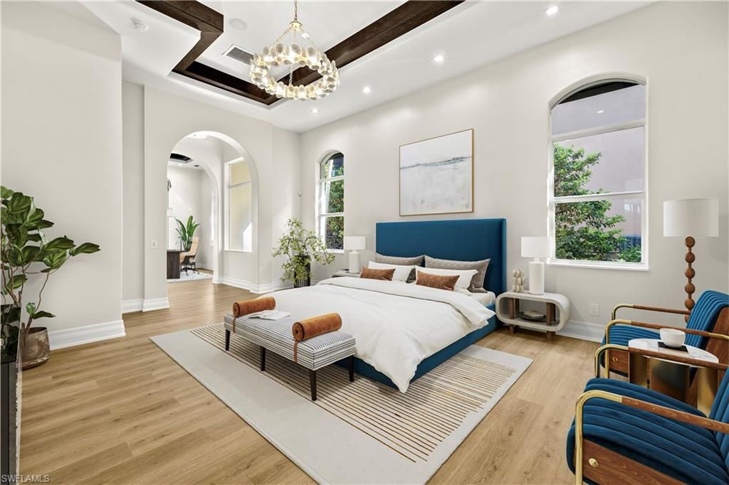 Bedroom, Interior, Pendant Lights, Recessed Lighting, Wood Texture Flooring