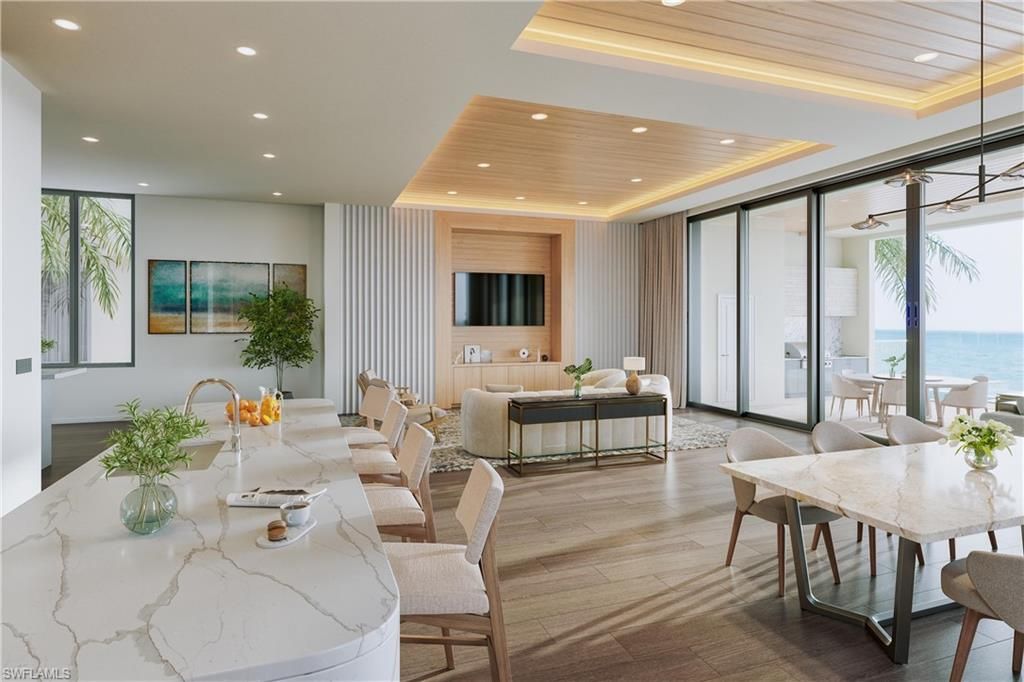 Dining room, Interior, Living room, Pendant Lights, Recessed Lighting, Water, Wooden Ceilings, Wood Texture Flooring