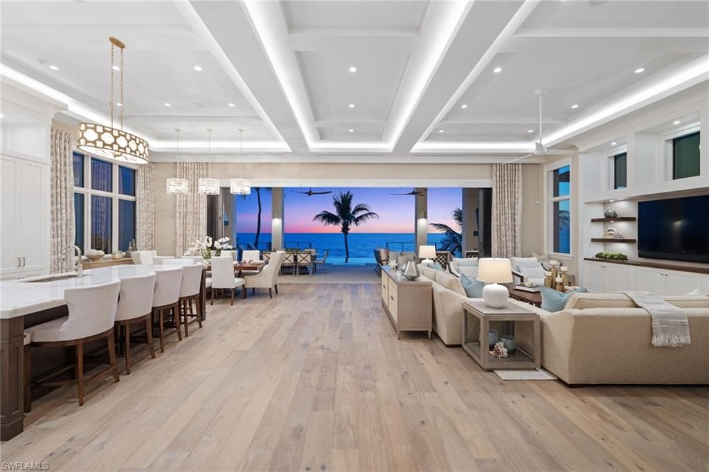 Dining room, Interior, Living room, Pendant Lights, Recessed Lighting, Water, Wood Texture Flooring