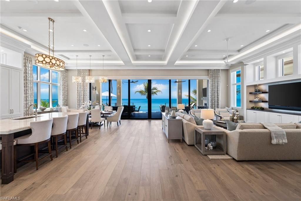 Dining room, Interior, Living room, Pendant Lights, Recessed Lighting, Water, Wood Texture Flooring