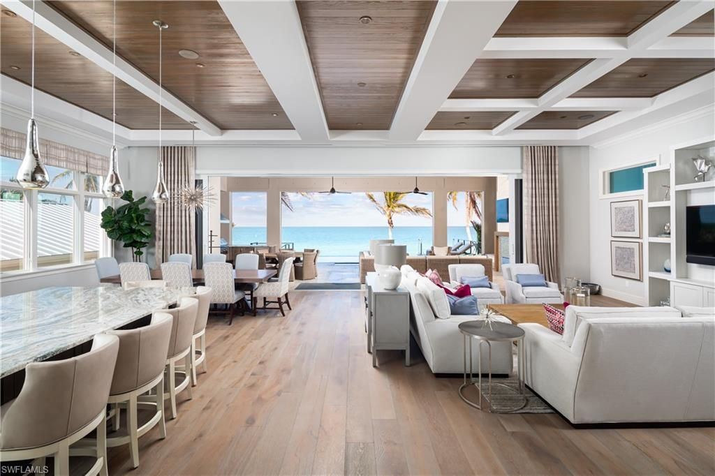Dining room, Interior, Living room, Pendant Lights, Water, Wooden Ceilings, Wood Texture Flooring
