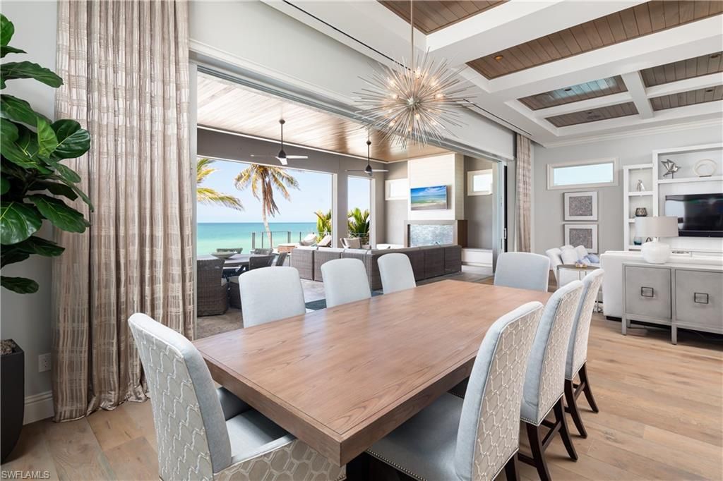 Dining room, Interior, Living room, Pendant Lights, Water, Wooden Ceilings, Wood Texture Flooring
