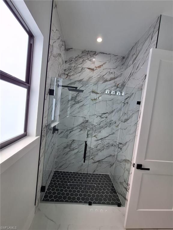 Bathroom, Glass Shower, Interior, Marble Walls, Recessed Lighting