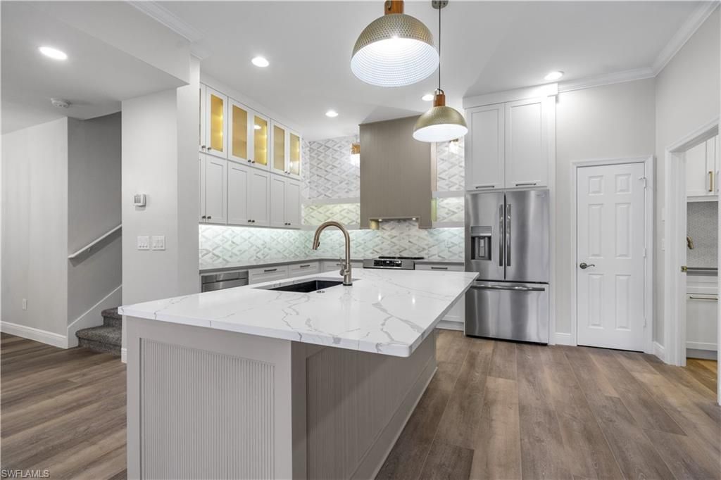 Interior, Kitchen, Pendant Lights, Recessed Lighting, Stainless Steel Appliances, Wood Texture Flooring