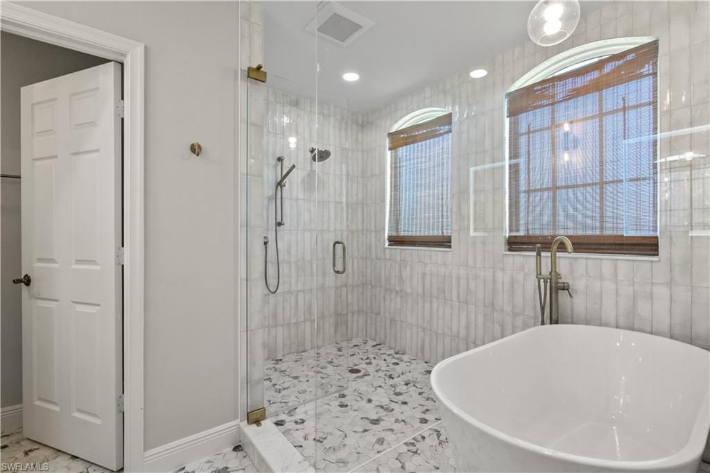 Bathroom, Free Standing Baths, Glass Shower, Interior, Marble, Recessed Lighting
