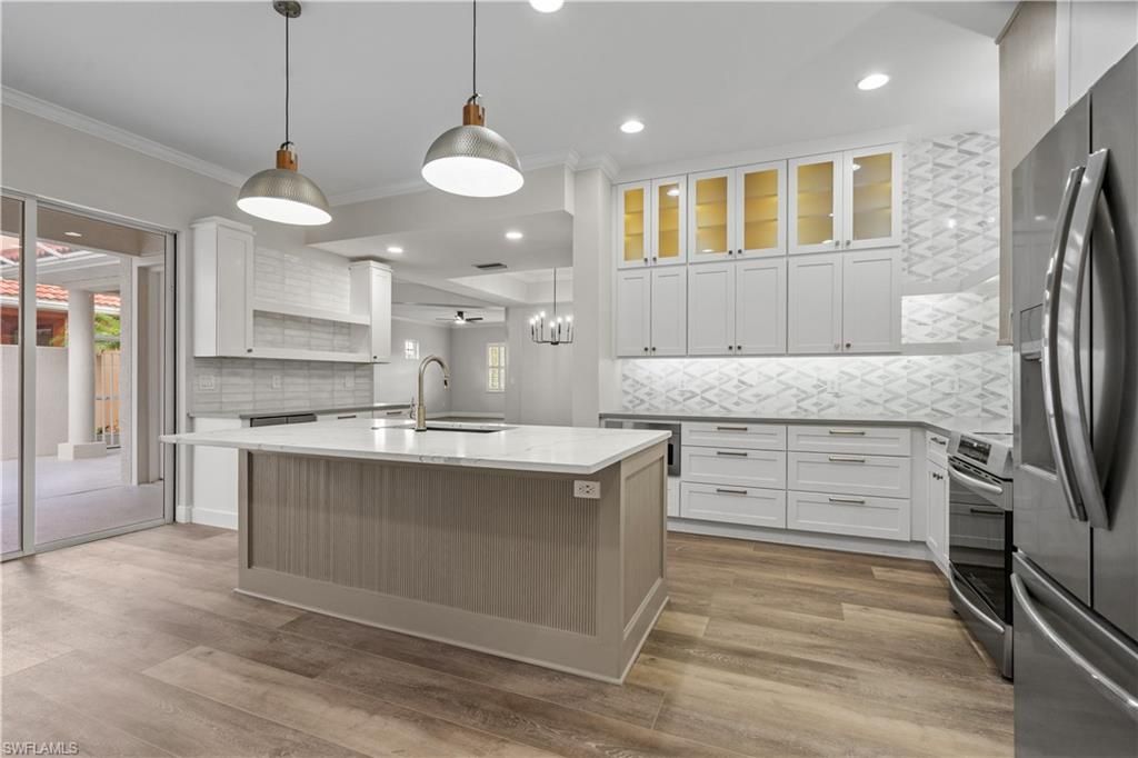 Interior, Kitchen, Pendant Lights, Recessed Lighting, Stainless Steel Appliances, Wood Texture Flooring