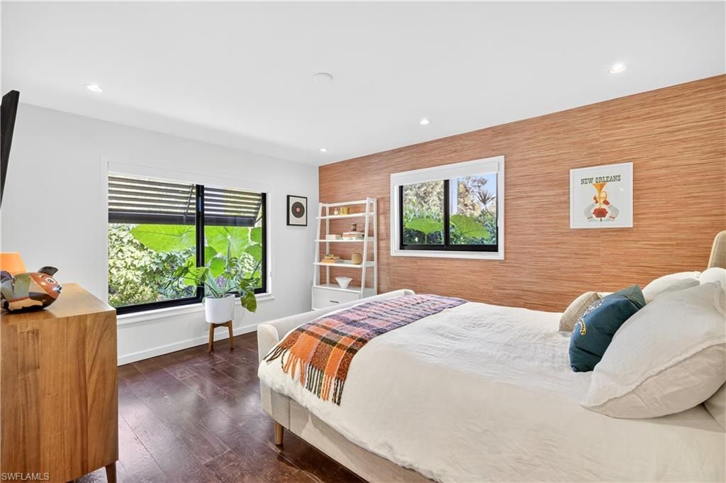 Bedroom, Interior, Recessed Lighting, Wood Texture Flooring, Wooden Walls