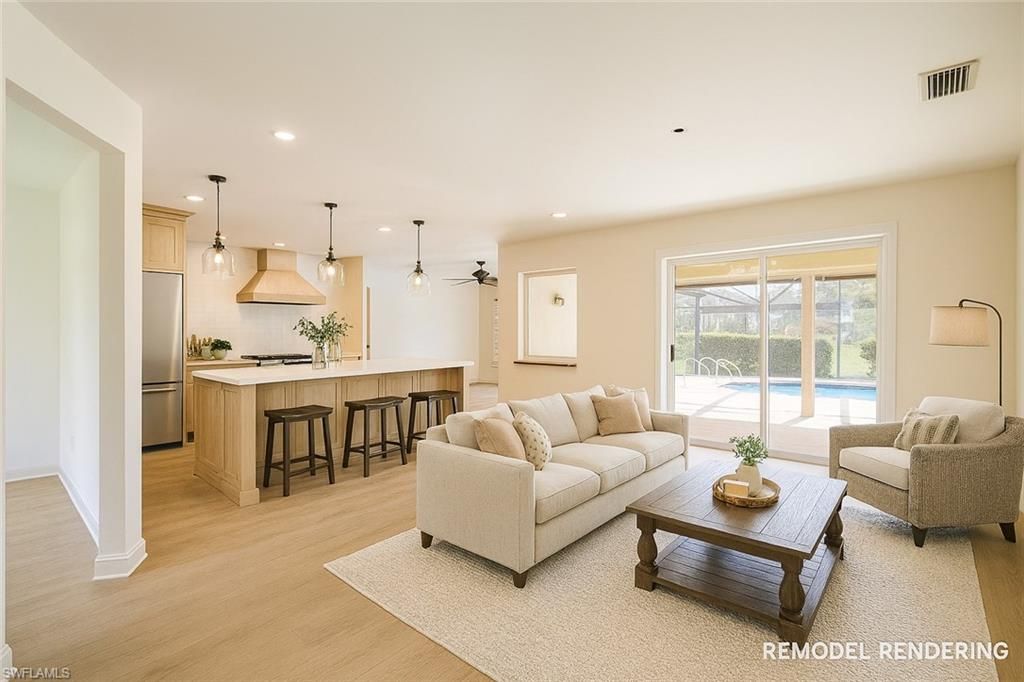 Interior, Kitchen, Living room, Pendant Lights, Recessed Lighting, Stainless Steel Appliances, Wood Texture Flooring