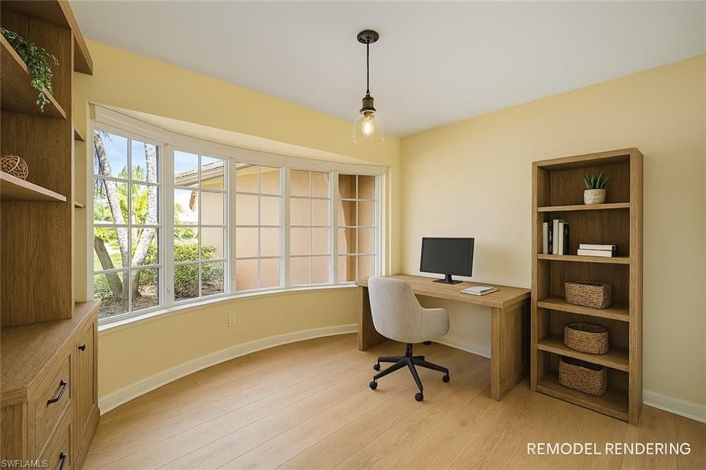Home Office, Interior, Pendant Lights, Wood Texture Flooring