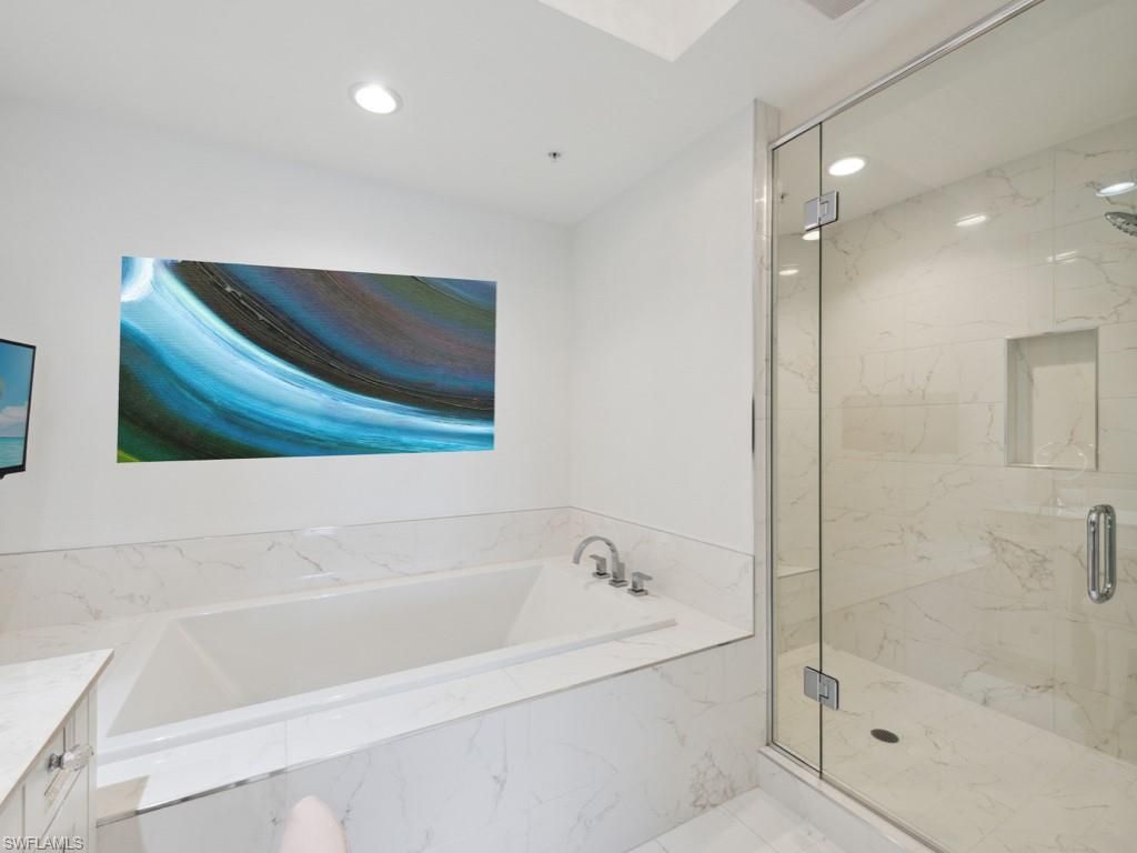 Bathroom, Glass Shower, Interior, Marble Walls, Recessed Lighting