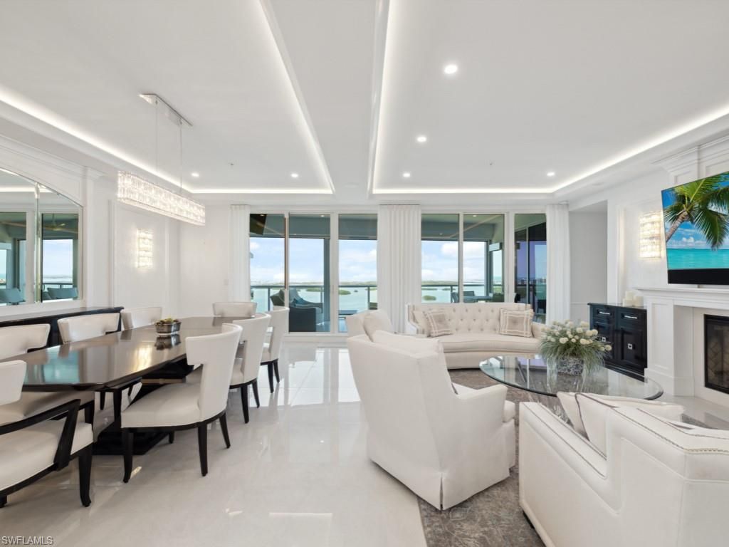 Chandelier, Dining room, Fireplace, Interior, Living room, Pendant Lights, Recessed Lighting, Water