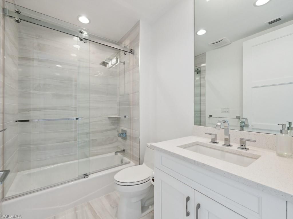 Bathroom, Glass Shower, Interior, Recessed Lighting, Wood Texture Flooring