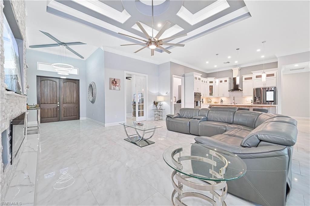 Fireplace, Interior, Kitchen, Living room, Marble, Pendant Lights, Recessed Lighting