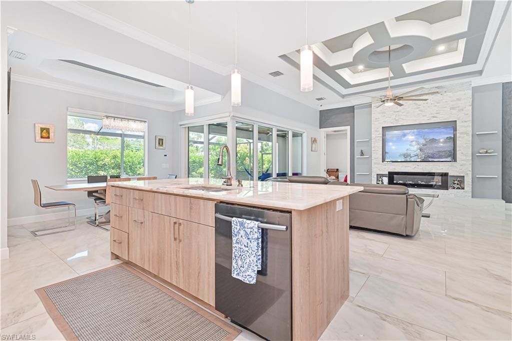Dining room, Fireplace, Interior, Kitchen, Living room, Marble, Pendant Lights, Recessed Lighting, Stone Walls