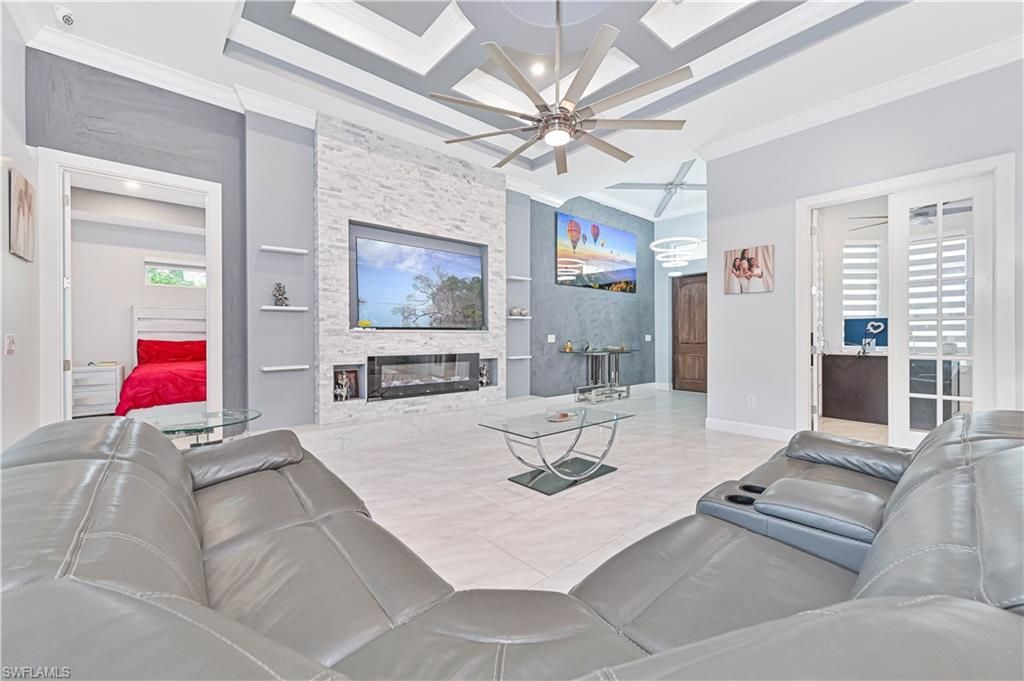 Home Theatre Room, Fireplace, Interior, Living room, Recessed Lighting, Stone Walls