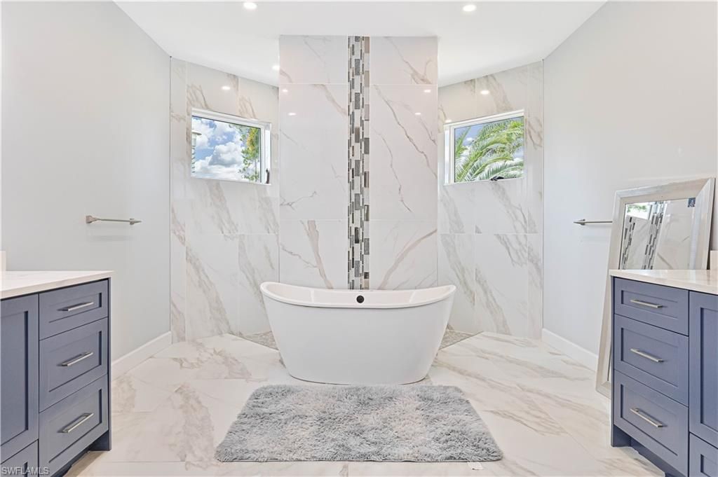 Bathroom, Free Standing Baths, Interior, Marble, Marble Walls, Recessed Lighting