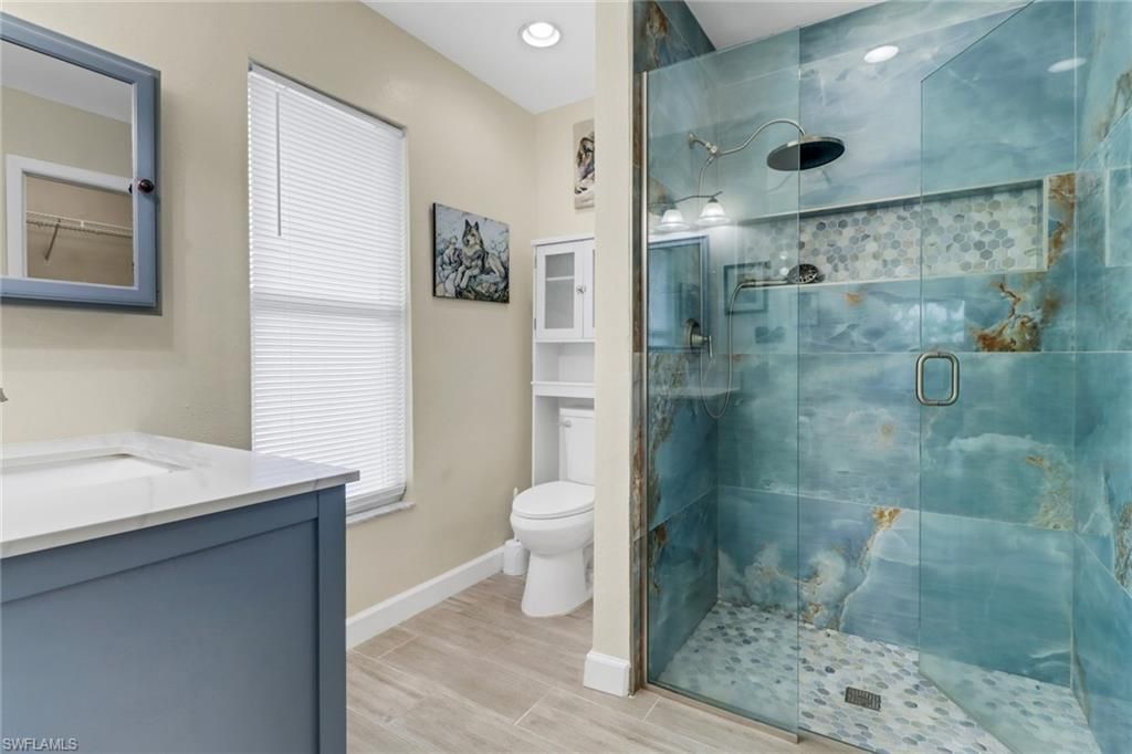 Bathroom, Glass Shower, Interior, Recessed Lighting, Wood Texture Flooring