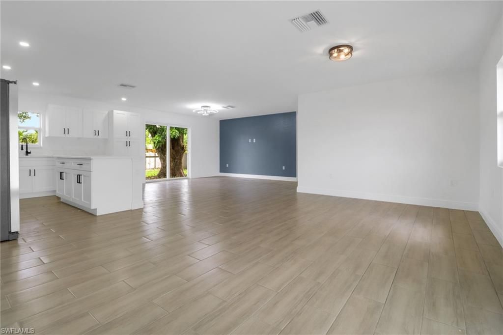 Empty room, Interior, Kitchen, Recessed Lighting, Wood Texture Flooring
