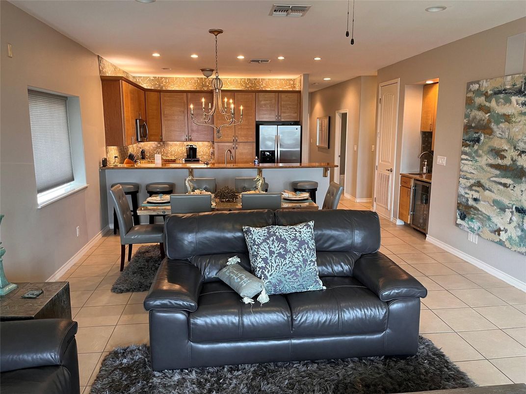 Chandelier, Dining room, Interior, Kitchen, Living room, Recessed Lighting, Stainless Steel Appliances