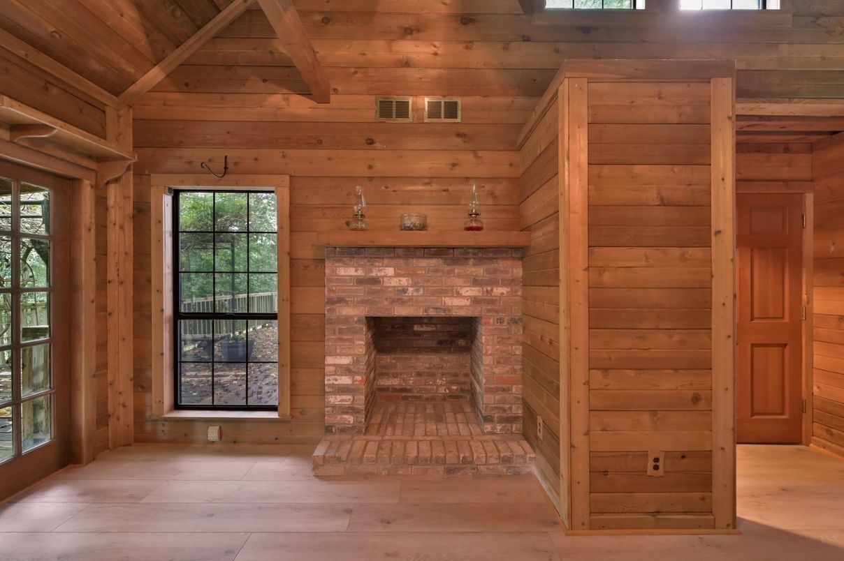Empty room, Fireplace, Interior, Wooden Ceilings, Wood Texture Flooring, Wooden Walls