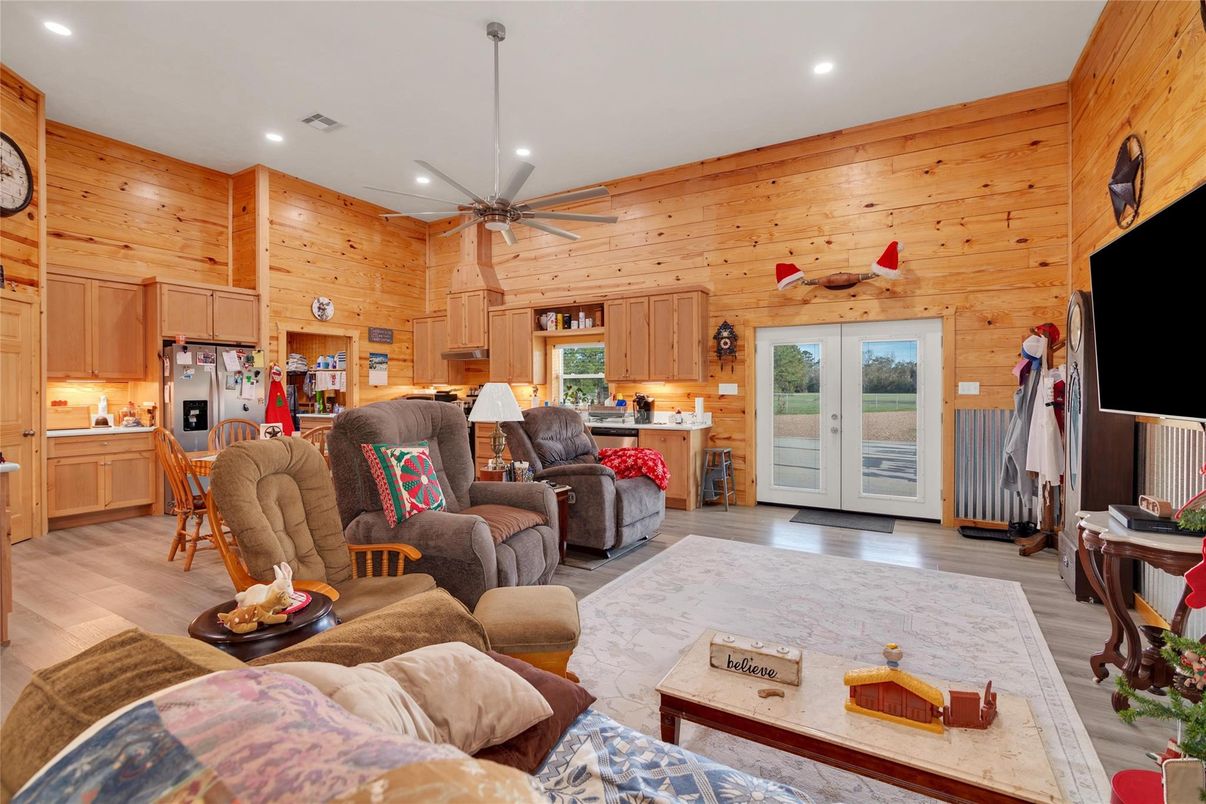 Interior, Kitchen, Living room, Recessed Lighting, Wood Texture Flooring, Wooden Walls