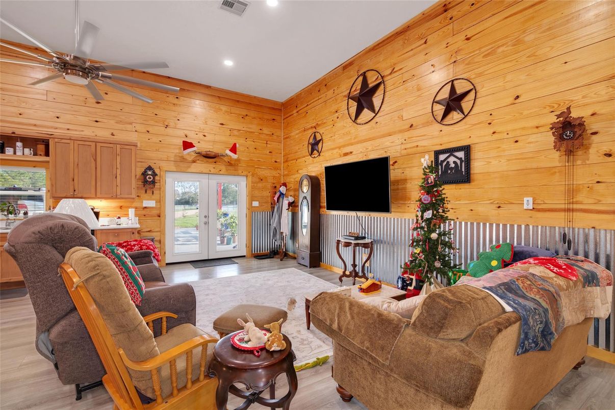 Interior, Living room, Recessed Lighting, Wood Texture Flooring, Wooden Walls