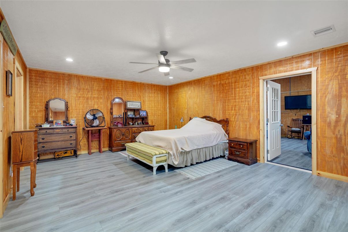 Bedroom, Interior, Recessed Lighting, Stone Walls, Wood Texture Flooring, Wooden Walls