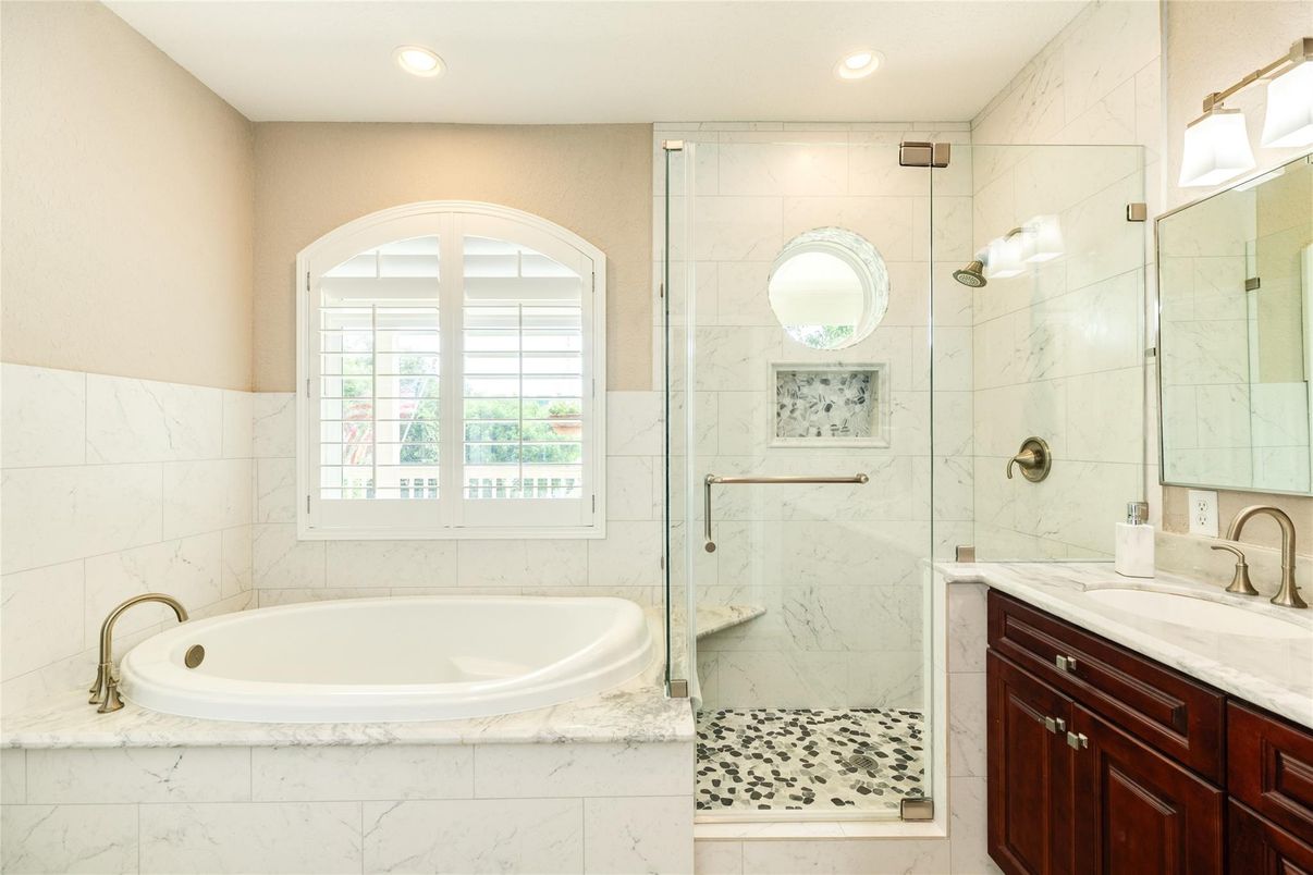 Bathroom, Glass Shower, Interior, Marble Walls, Recessed Lighting