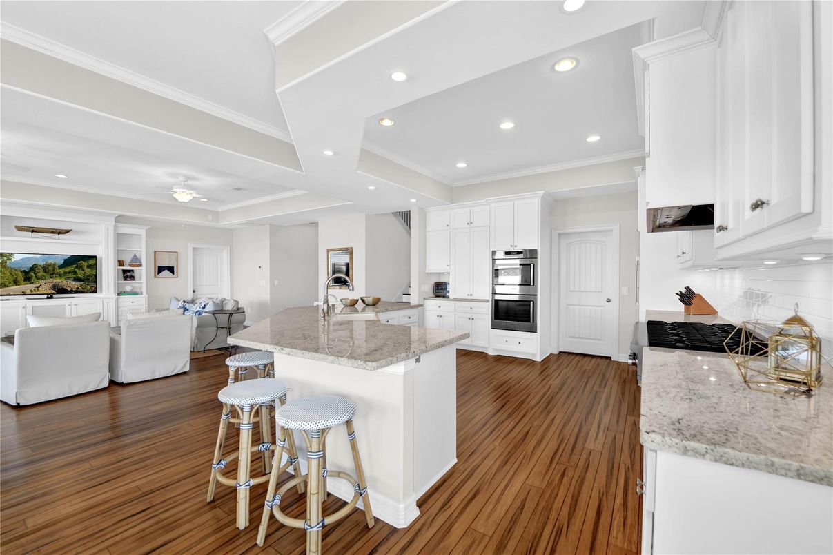 Interior, Kitchen, Living room, Recessed Lighting, Stainless Steel Appliances, Wood Texture Flooring
