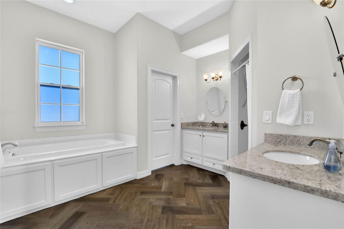 Bathroom, Dual Sink Vanities, Interior, Wood Texture Flooring