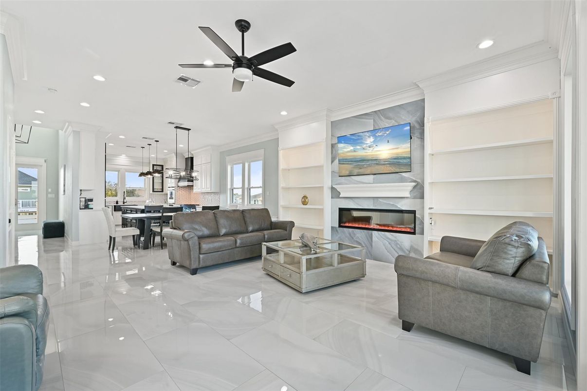 Dining room, Fireplace, Interior, Kitchen, Living room, Pendant Lights, Recessed Lighting
