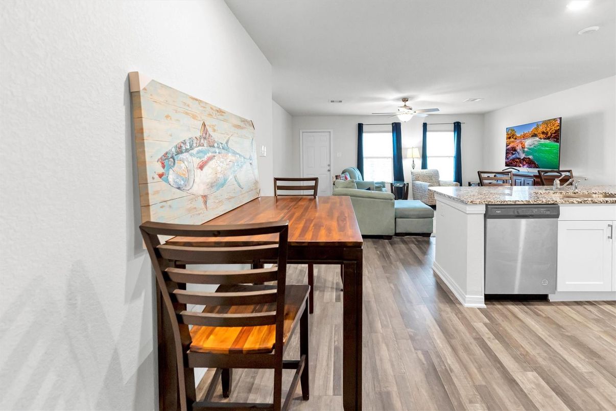 Dining room, Interior, Living room, Recessed Lighting, Wood Texture Flooring