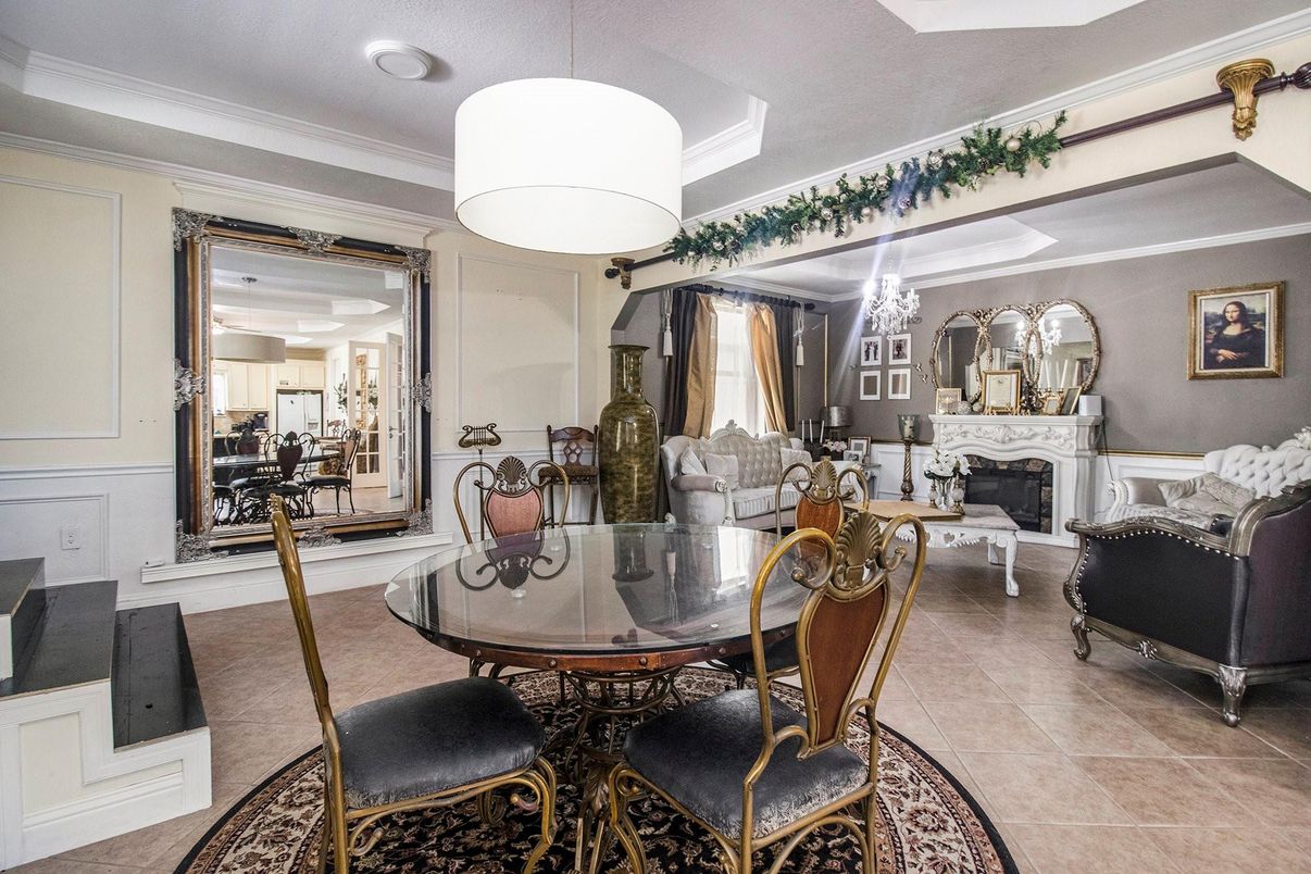 Chandelier, Dining room, Fireplace, Interior, Living room, Recessed Lighting