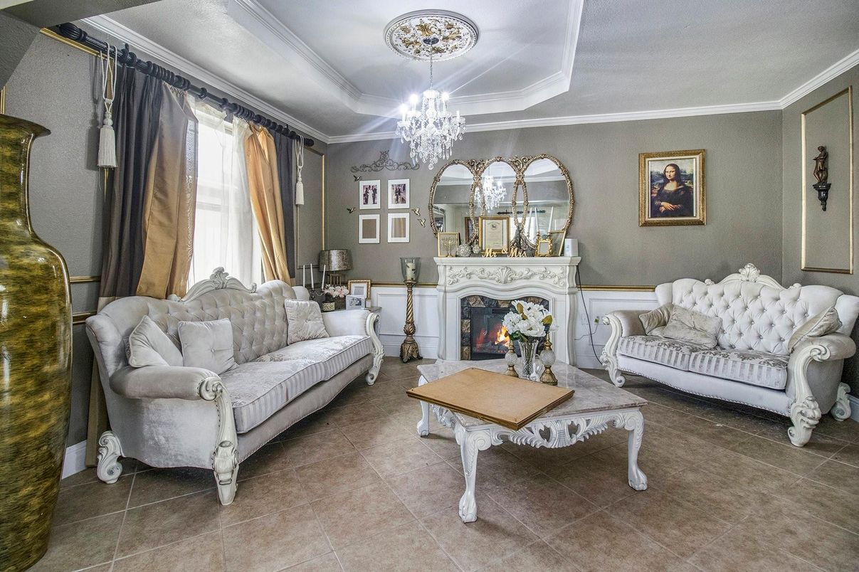 Chandelier, Fireplace, Interior, Living room