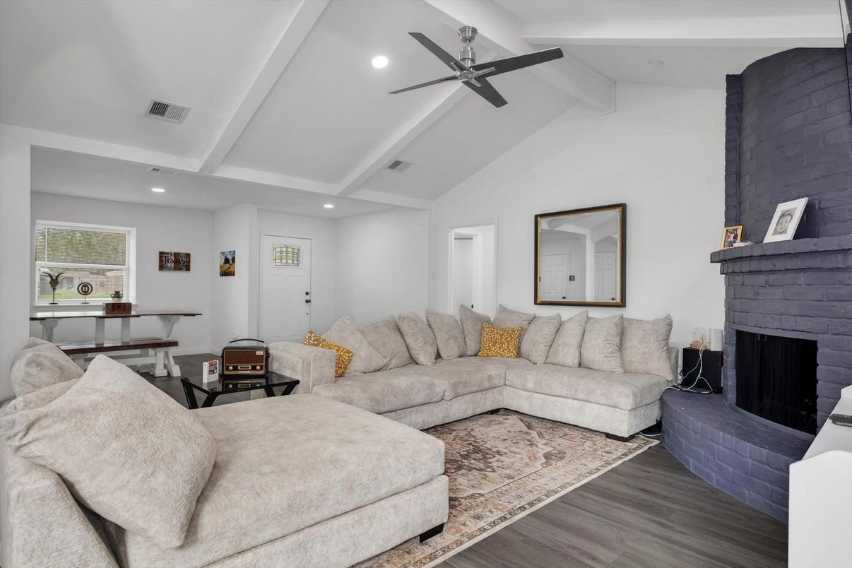 Fireplace, Interior, Living room, Recessed Lighting, Wood Texture Flooring