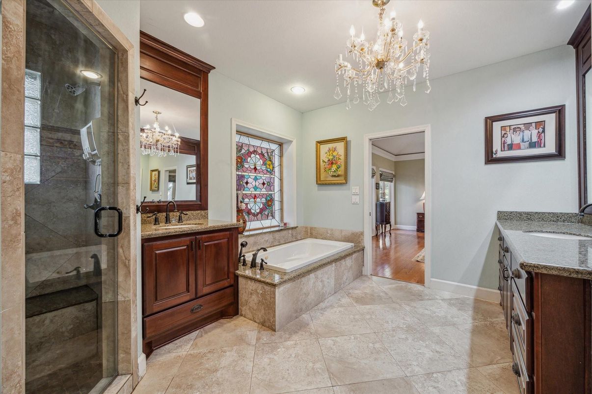 Bathroom, Chandelier, Glass Shower, Interior, Recessed Lighting, Wood Texture Flooring