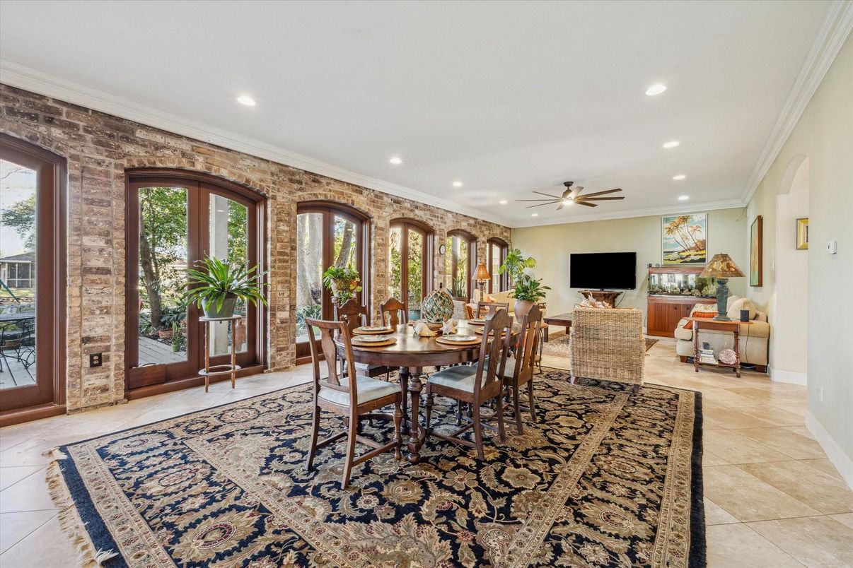 Dining room, Interior, Recessed Lighting, Stone Walls