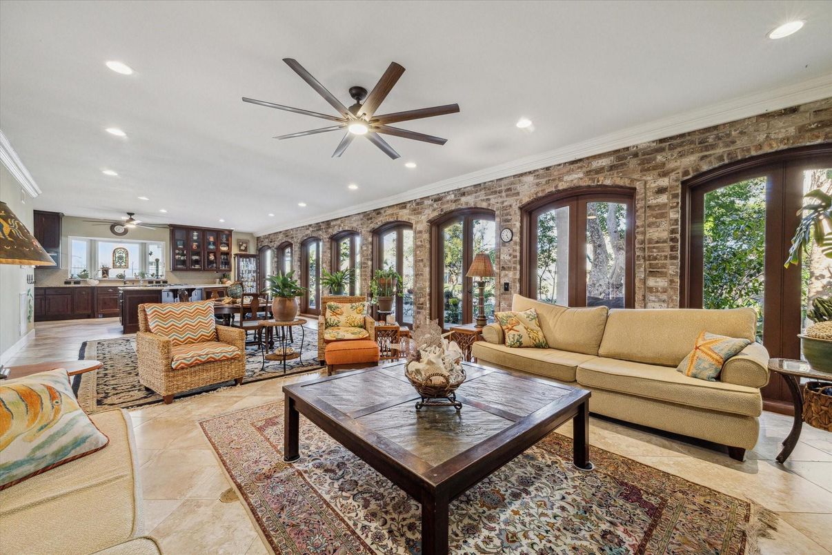 Interior, Living room, Recessed Lighting, Stone Walls