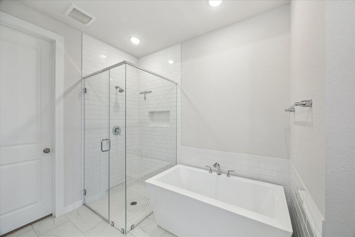 Bathroom, Free Standing Baths, Glass Shower, Interior, Marble, Recessed Lighting