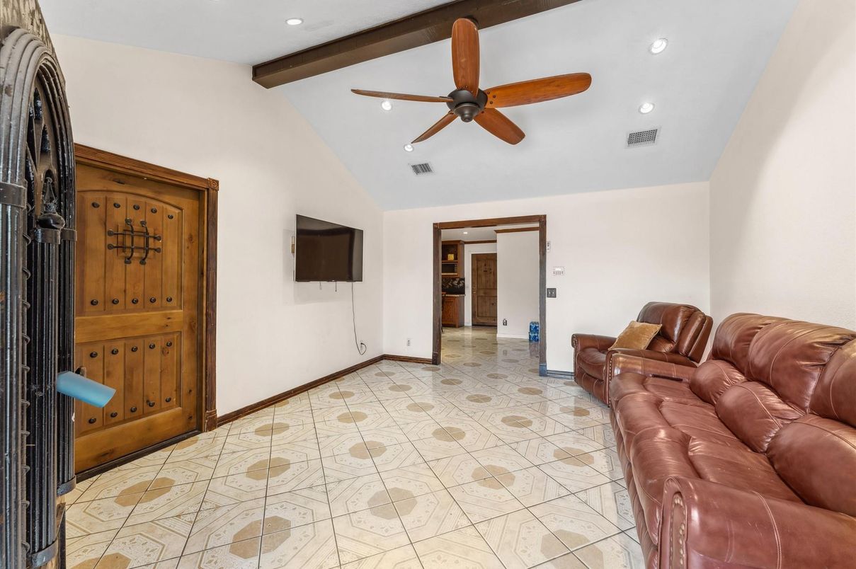 Interior, Living room, Recessed Lighting, Wooden Beams